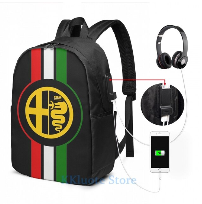 ALFA ROMEO Logo + Italian Flag Backpack USB Charge - Bag